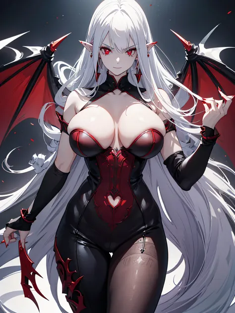 Vampire with incandescent blood red eyes, with a demonic smile, pointy ears with earrings, long white hair with red highlights, long nails, medium breasts, thin waist, wide hips, big ass, thick thighs, in an imposing pose, head slightly raised, (ultra-real...