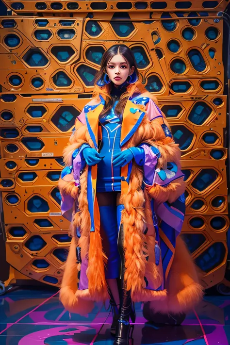 Supermodel in haute couture clothing, orange neon fur and blue transparent polyethylene, Clothing model, in full height, Neo-Futurism style, ultradetail, The texture of the fabric, studio lightning, Professional photo, tmasterpiece, Elegantly, Professional...