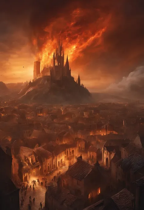 an illustration of apocalyptic medieval city. huge meteor impact people crying