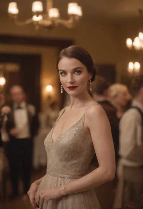 Une femme de 30 ans, in 30s outfit to go dance the Charleston. in background, a large dining room from the same period, a large bar with bottles behind, Complete the décor. Eclairage type bougie