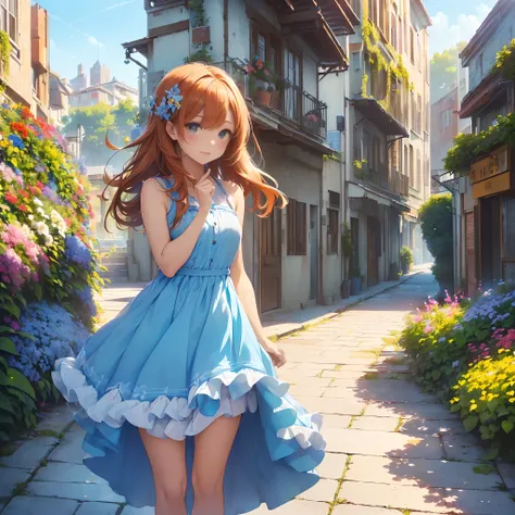 (In the morning, the sky is dyed in bright blue, with flowers in full bloom (flora:1.0). A beautiful girl standing ,Her dress is sleeveless, allowing her sun-kissed shoulders to be on display. The gentle breeze teases loose strands of her chestnut hair, ca...