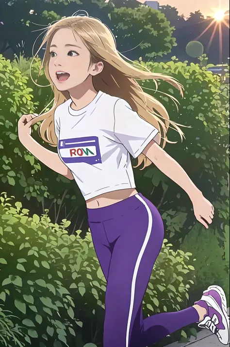 ((European pre-teen)), excited girl, white t-shirt, purple leggings, running shoes, close-up from thighs to face, shot from below, very light skin, very long hair, wavy hair, blonde hair, garden, sunrise sunset, photorealistic, indirect lighting, volumetri...