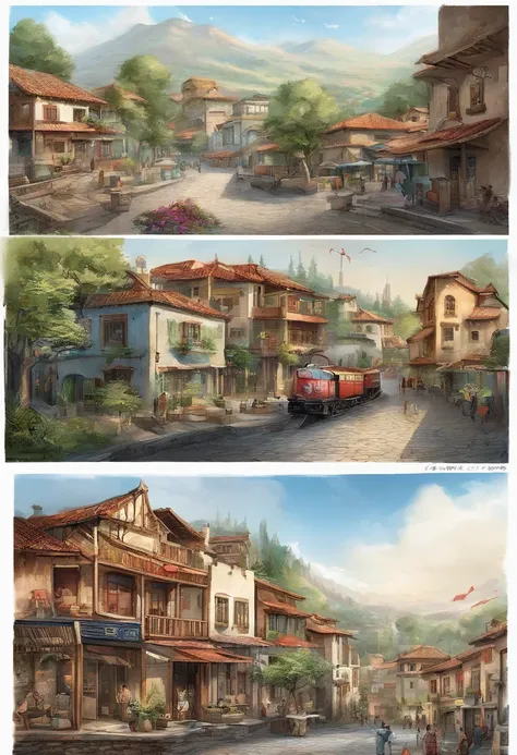 （（（Comic storyboard））），comic strip，Two-dimensional picture，Manhwa Style，Makoto Shinkai animation style，Makoto Shinkai animation film art style，Ultra-wide angle of view，China-style，a town with beautiful scenery，Faraway view，Vivid and bright colors，super-fin...