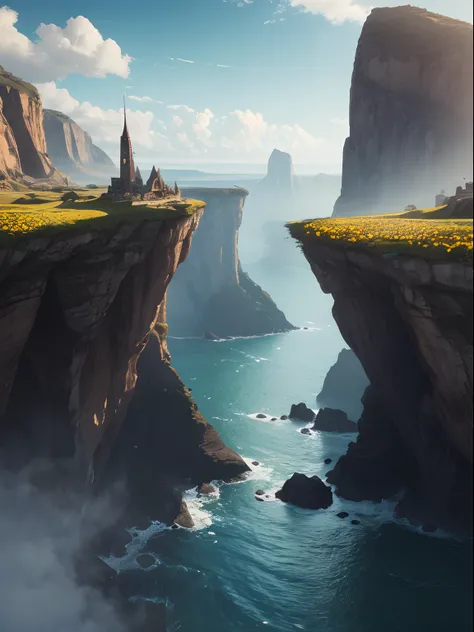 a cliff many flowers, colorful flowers, beautiful sky, matte painting 8k, matte paint 8K, vertical wallpaper 8K, vertical wallpaper 8K, vertical wallpaper 4K, vertical wallpaper 4K, lost series, realistic fantasy rendering, digital painting with 8K resolut...