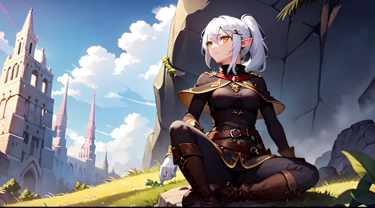 one girl, white hair, yellow eye, elf, medium breast, ponytail hairstyle, adventure theme, sit on the rock, looking at the sky