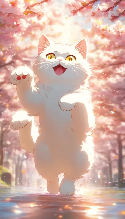 Cartoon white cat, Float in the air, Rainbow back, Around the cherry blossoms, High detail, Cinematic lighting, Motion blur, color difference, hyper HD, Masterpiece, Super detail, High details, High quality, Award-Awarded, Best quality, A high resolution