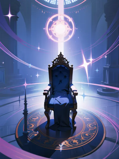 Empty fantasy throne in a big circular room, room with so many giant energy circles, anime style