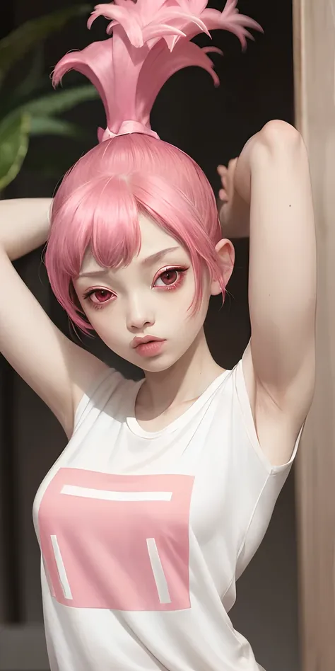 upper body, hamura, 1girl, solo, red eyes, looking at viewer, pink hair, ponytail, lips, t-shirt, arms behind head,