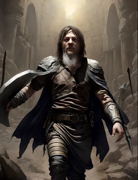 ((Norman Reedus)), Homem Arafed em armadura com espada e escudo em uma caverna, Retrato pintado de Odin acidentado, barba grisalha, Tyler Edlin Arte de fantasia, Arte de fantasia 4k, conceito de personagem de fantasia heroica, Wojtek FUS, steel inquisitor ...