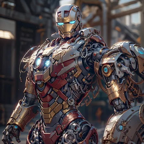 Create some more technological and metallic mechs based on Iron Man, photo-realistic, octane render, unreal engine, ultra-realistic