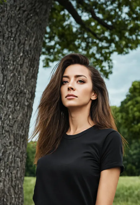 A beautiful woman in a black T-shirt with her hair down looks down to the camera from behind the sky and tree in the background