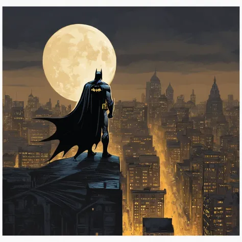 Batman standing on the rooftops of a city with a full moon in the background, Portrait de Batman, Portrait de Batman, Style artistique DC Comics, par Brian Thomas, Le Batman, DC Art, In the Batman comic book, Batman Mecha, Portrait Batman Ancienne Bible, G...