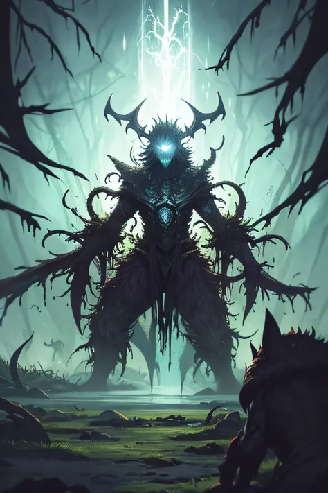 pintura de um monstro em uma floresta com uma luz amarela, fiend folio, criatura sinistra escondendo detalhado, one a demon - like creature, one a demon-like creature, Magic the Gathering Card Art, Chtulhu, an ominous fantasy illustration, Wendigo, Escuro,...