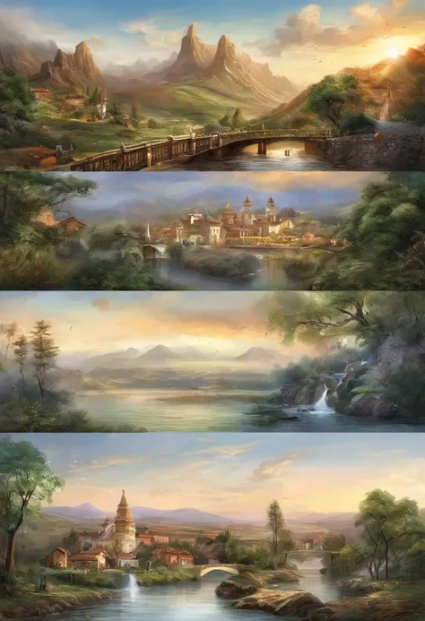 （（（Comic storyboard））），comic strip，Two-dimensional picture，Manhwa Style，Makoto Shinkai animation style，Makoto Shinkai animation film art style，Ultra-wide angle of view，China-style，Small bridges and flowing water，Faraway view，Vivid and bright colors，super-f...