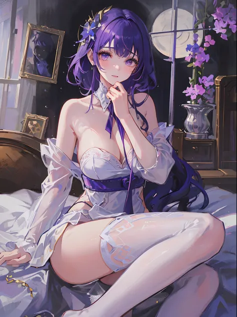 ((beautiful lighting, Best quality, 8K, Masterpiece: 1.3)), 1girl, Perfect body beauty: 1.4, ((purple hair)), (White dress: 1.4), (Indoor , night: 1.1), (bed), Super Fine Face, Fine Eyes, Glasses, naughty look, (Over the knee white stockings: 1.5)