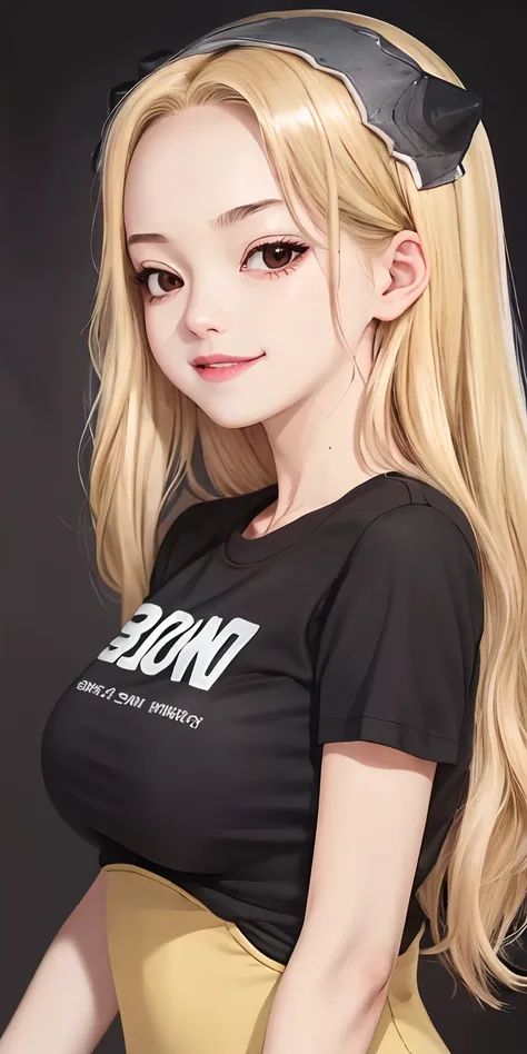 upper body, minami, 1girl, solo, black t-shirt, bottomless, blonde hair, brown eyes, hairband, looking at viewer, blush, lips, smile, simple background, arms behind head