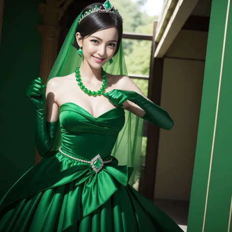 emerald tiara, Green Pearl Necklace, Boyish very short green hair, lipsticks, Japan woman smiling, very short short hair, fist, big breasts beautiful, Green eyes, Long green gloves made of satin material, Green eyes, Emerald Earrings