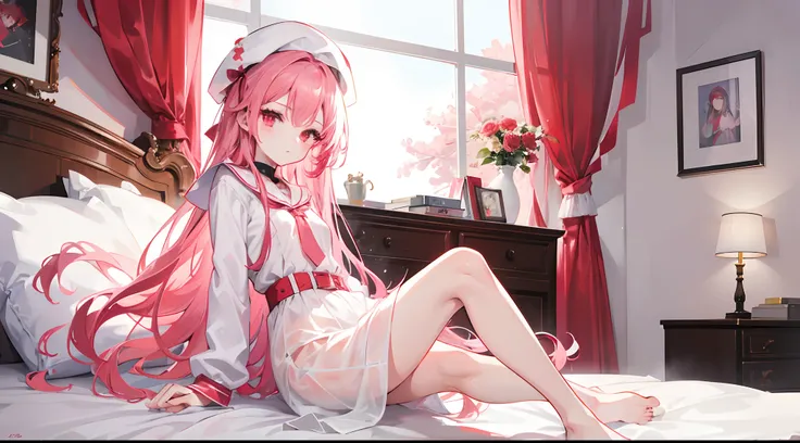 1girl, long pink hair, red eyes, slim body, small chest size, wearing white dress with red beret hat, sitting on bed in room like student dorm, absurdres, high res, ultrasharp, 8K, masterpiece, looking at viewer