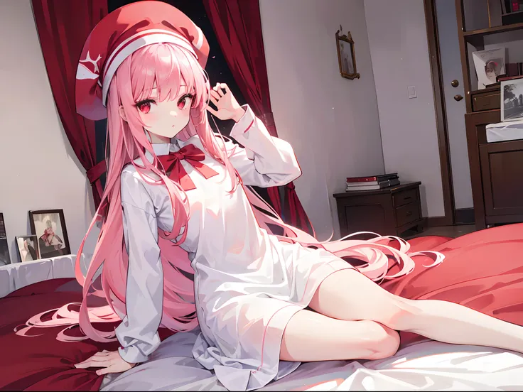 1girl, long pink hair, red eyes, slim body, small chest size, wearing white dress with red beret hat, sitting on bed in room like student dorm, absurdres, high res, ultrasharp, 8K, masterpiece, looking at viewer