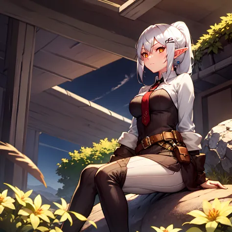 one girl, white hair, yellow eye, elf, medium breast, long ponytail hairstyle, adventure theme, sit on the rock, looking at the sky