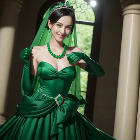 emerald tiara, Green Pearl Necklace, Boyish very short green hair, lipsticks, Japan woman smiling, very short short hair, fist, big breasts beautiful, Green eyes, Long green gloves made of satin material, Green eyes, Emerald Earrings