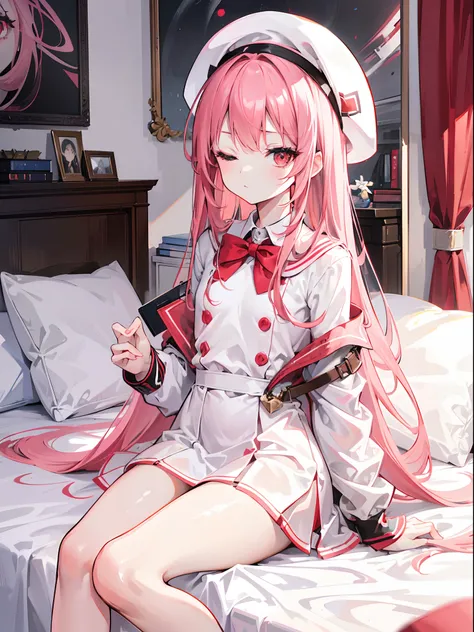 1girl, long pink hair, red eyes, sleepy, one eye closed, slim body, small chest size, wearing white dress with red beret hat slightly messed up, sitting on bed in room like student dorm, absurdres, high res, ultrasharp, 8K, masterpiece, looking at viewer