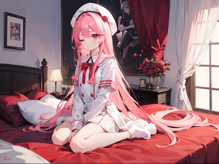 1girl, long pink hair, red eyes, sleepy, one eye closed, slim body, small chest size, wearing white dress, red beret hat, sitting on bed in room like student dorm, absurdres, high res, ultrasharp, 8K, masterpiece, looking at viewer