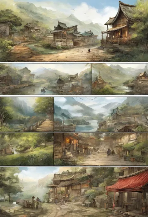 （（（Comic storyboard））），comic strip，Two-dimensional picture，Manhwa Style，Makoto Shinkai animation style，Makoto Shinkai animation film art style，Ultra-wide angle of view，China-style，Ancient road west wind thin horse，Faraway view，Vivid and bright colors，super...