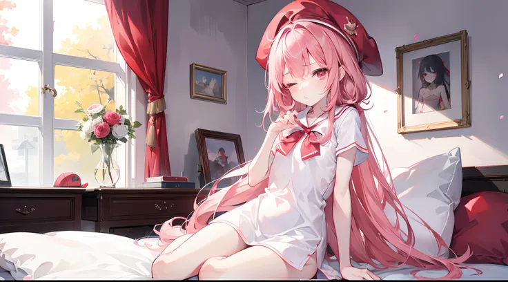 1girl, long pink hair, red eyes, sleepy, one eye closed, slim body, small chest size, wearing white dress, red beret hat, sitting on bed in room like student dorm, pouting, absurdres, high res, ultrasharp, 8K, masterpiece, looking at viewer