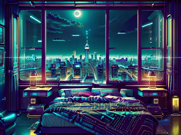 ((masterpiece)), (ultra-detailed), (intricate details), (high resolution CGI artwork 8k), Create an image of a small retro-futuristic and realistic vaporwave cyberpunk (bedroom) at night time. One of the walls should feature a big window with a busy, color...