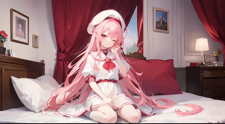 1girl, long pink hair, red eyes, sleepy, one eye closed, slim body, small chest size, wearing white dress, red beret hat, sitting on bed in room like student dorm, pouting, absurdres, high res, ultrasharp, 8K, masterpiece, looking at viewer