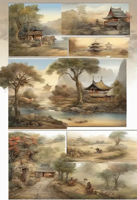 （（（Comic storyboard））），comic strip，Two-dimensional picture，Manhwa Style，Makoto Shinkai animation style，Makoto Shinkai animation film art style，Ultra-wide angle of view，China-style，Ancient road west wind thin horse，Faraway view，Vivid and bright colors，super...