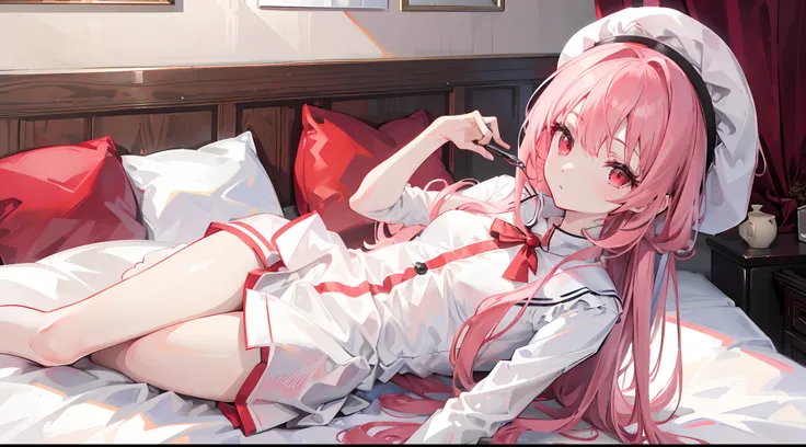 1girl, long pink hair, red eyes, slim body, small chest size, wearing white dress with red beret hat, sitting on bed in room like student dorm, absurdres, high res, ultrasharp, 8K, masterpiece, looking at viewer