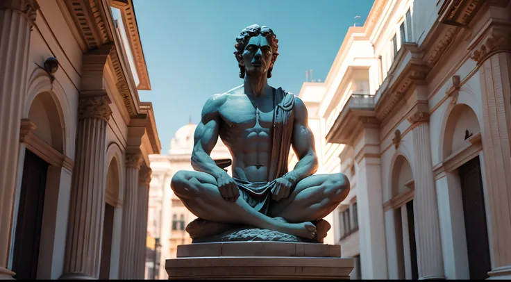 Ancient Stoic statue, with an expression of anger, usando manto e tunica longo sobre todo o corpo, Na Noite escura, ao ceu aberto, arquitetura grega antiga de fundo, 35 mm, lateralmente, Filmado em Sony A7S III com Sony FE 35mm f/1.8, 12.1 MP, --AR 3:2 --e...