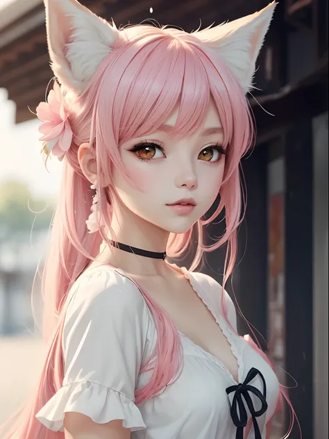 Nine snow-white fox tails (1.0), milky fox tail (1.0), fox close-up of nine tails, nine-tails, nine-tails, anime girl with pink hair and pink dress with flowers on her hair, very beautiful anime fox girl, beautiful anime fox girl, beautiful fantasy anime, ...