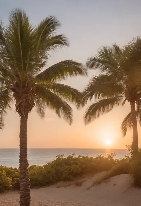 View of Arafed on a sunset with palm trees and a beach, Palmiers sur la plage, tropical atmosphere, Les palmiers viennent des profondeurs, Sunset at the beach, Arbres tropicaux, paradise in the background, Le plus beau coucher de soleil, Heure du coucher d...