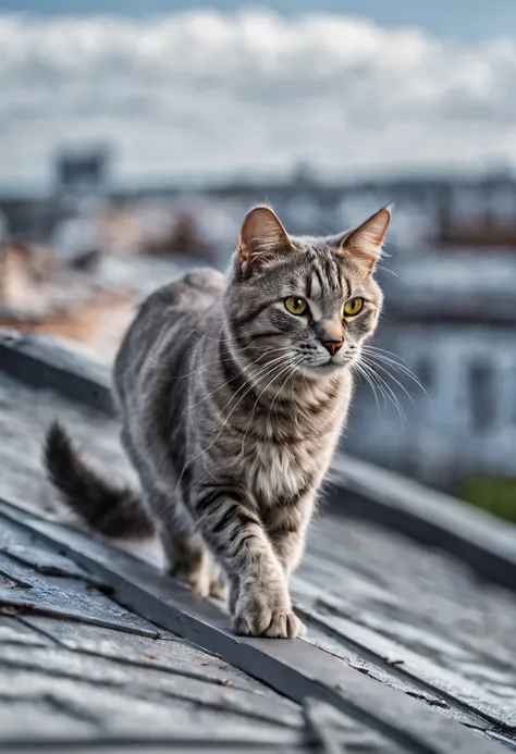 grey rooftop cat walks on roof, looks down, best quality, super detailed, high resolution, very detailed, 8k uhd, realistic, (na...