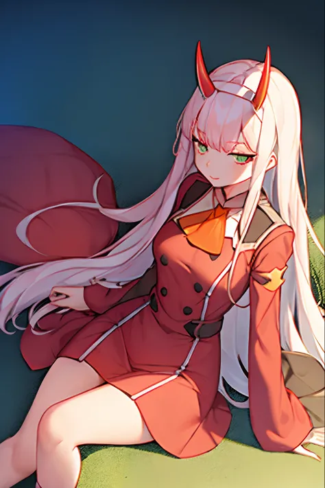 Zerotwo（Dear in Franks）， Dear in Franks， 1girll， ascot， By bangs， blue backdrop， green-eyed， shairband， banya， long whitr hair， longer sleeves， looking at viewert， red blous， Closed jacket， army suit， oni horn， orange ascot， Pink hair， Red horn， simple bac...