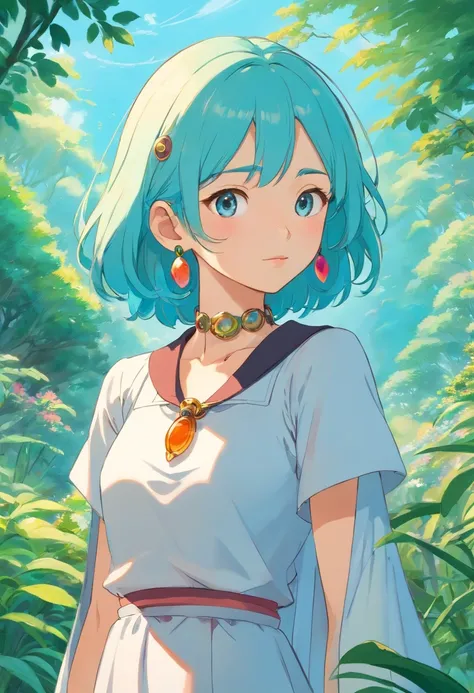 a girl wearing an anime collar, a long necklace and earrings, in the style of tranquil gardenscapes, colorful animation stills, masami teraoka, aquamarine, paul gauguin, Embry style, honest portrayal