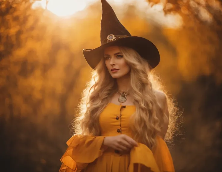 (masterpiece), (best quality), (ultra-detailed), 1Girl, long yellow hair, yellow and orange dress, Steampunk with witch hat, 8k HD image, light gradient background, 8k