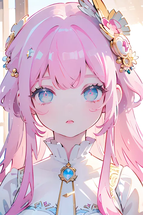 (Best quality,4K,8K,A high resolution,Masterpiece:1.2),Ultra-detailed,(Realistic,Photorealistic,photo-realistic:1.37),Girl with pink hair,Wearing a white dress,Decorated with shell hair ornaments,Brightly Colored Eyes