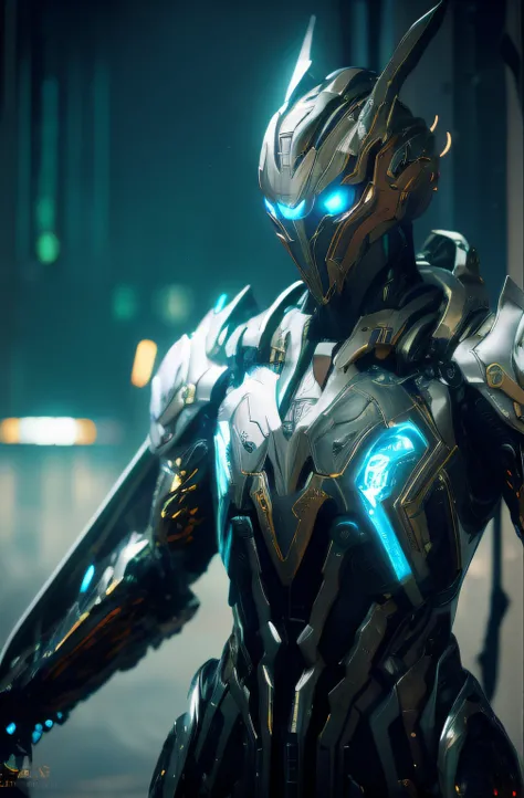 arafed robot with glowing eyes and a glowing arm, cyber suit, movie still of a cool cyborg, Unreal Engine 4K wallpapers, detailed warframe, 4K HD wallpapers very detailed, 4 k render, 4K rendering, intricate glowing mecha armor, warframe armor, high detail...