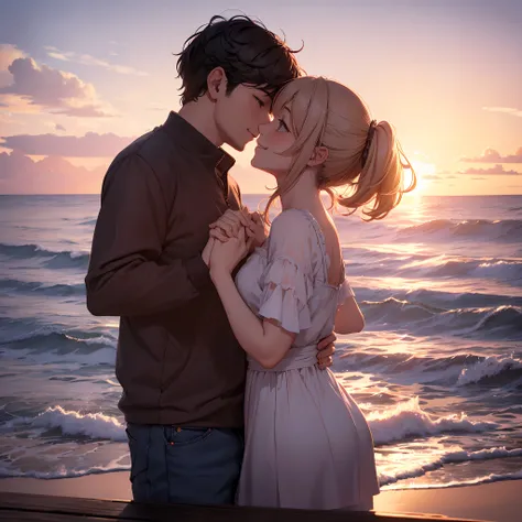 As the sun dipped below the horizon, the sky transformed into a canvas of purples and oranges, casting a gentle, romantic glow over the scene (atmosphere: 1.0). BREAK On a cozy, moonlit beach, a couple, John and Sarah, sat together on a weathered wooden be...