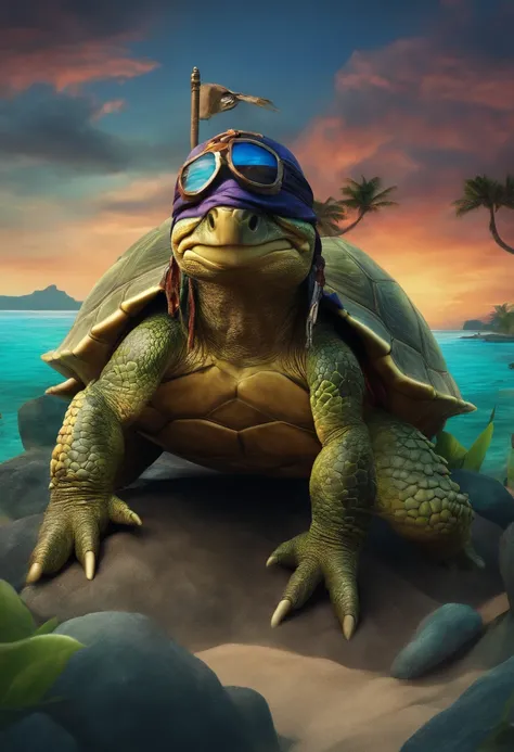 humanoid pirate turtle in a island, anime style