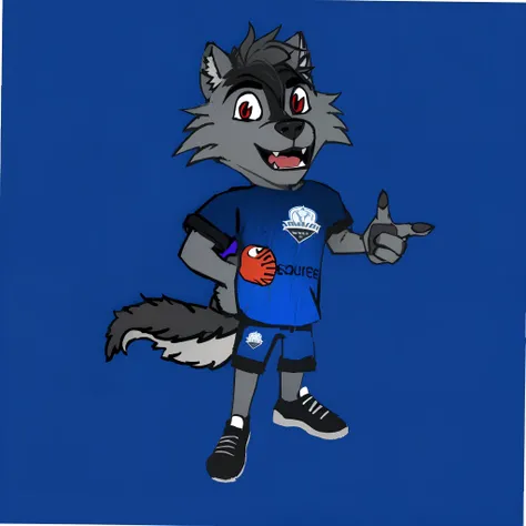 desenho animado de um lobo com uma camisa azul e sapatos pretos, mascote da equipe esportiva, mascote esportivo, mascote de corpo inteiro, an anthropomorphic wolf, Illustration of the mascot of the sarandiense, anthropomorphic wolf, Wolf ODonnell, Lobo Fur...