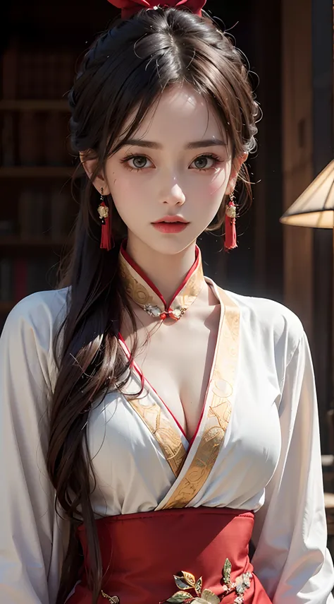 unreal engine:1.4,UHD,Best quality:1.4, photorealistic:1.4, skin texture:1.4, masterpiece:1.8, Miraculous: 1very beautiful girl in hanfu dress, thin red silk shirt with many white motifs, white lace top, long bangs and long ponytail in red platinum, gorgeo...