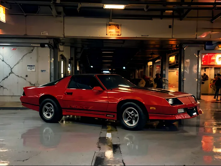 1988 camaroirocz, red car, two hidden machine guns in front bumper, racing in New York subway rail tracks, gritty lighting, action photo, solo, cowboy shot, 3/4 side view