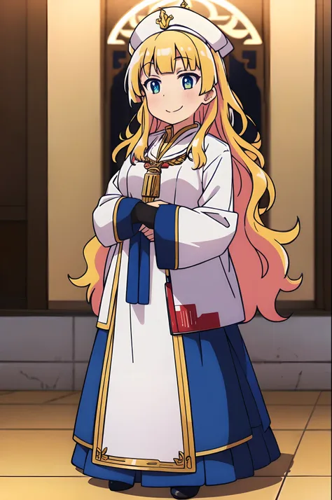 galko,1girl, solo, smile, full body, standing, long skirt, priestess, religious, holy, cute, blush