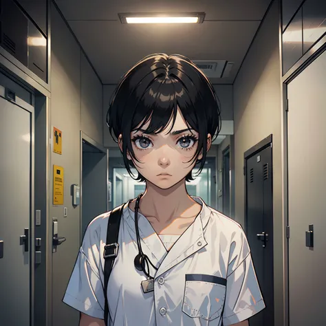 A 20-year-old girl with short black hair, black eyes, sad expression, white shirt, on the phone, in a hospital ward