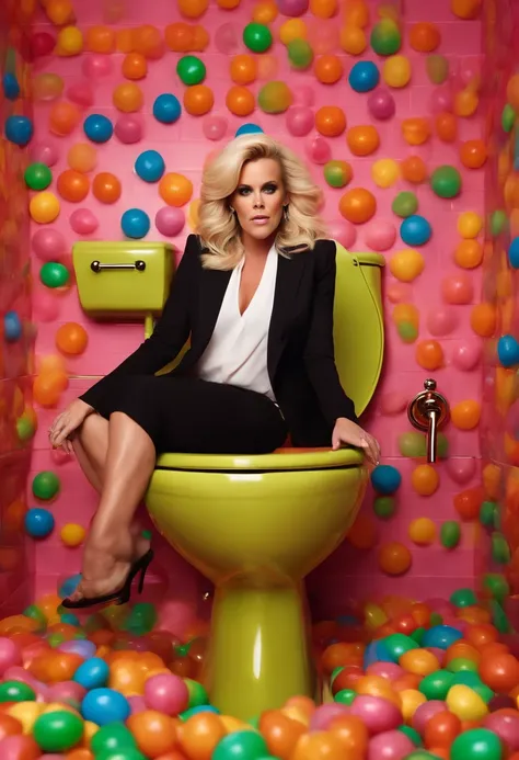 Jenny McCarthy sitting on the toliet Candies add reimagined 2023 picture.